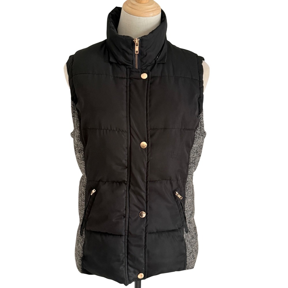Ci Sono by Cavalini Black Puffer Vest Gray Knit Side Panels Gold Hardware Medium